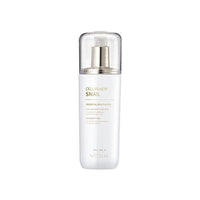 White pump bottle of snail-infused moisturizer with clear cap promoting skin repair and hydration benefits