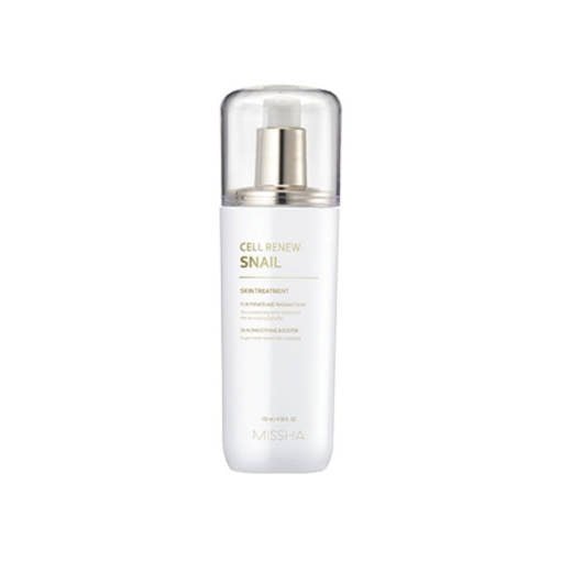 White pump bottle of hydration-boosting snail skin treatment with clear cap on white background