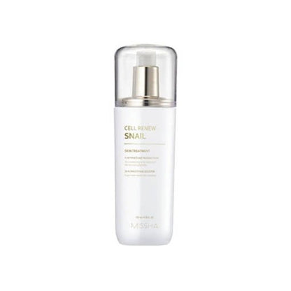 White pump bottle of hydration-boosting snail skin treatment with clear cap on white background