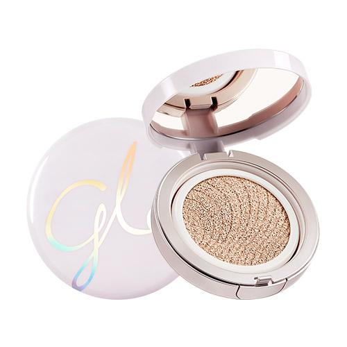 Open cushion compact with radiant finish foundation in tan shade and glossy light pink case with holographic text