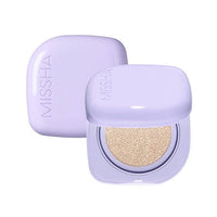 Lavender compact cushion foundation case with semi-glow coverage cushion inside and embossed brand name on lid