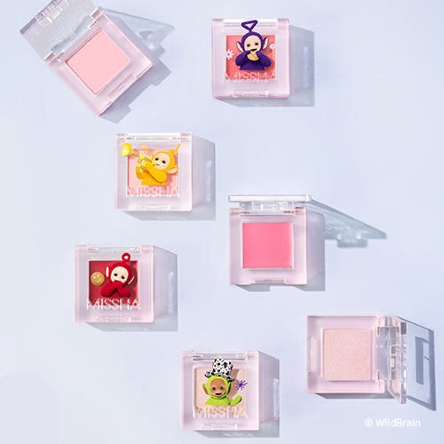 Six square translucent pots with pastel and bright blush shades, some featuring cute character designs inside, on a light background
