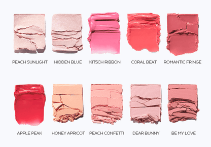 Ten highly pigmented eyeshadow shades in soft and vibrant pink, peach, coral, and red tones arranged on white background