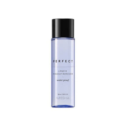 Transparent blue bottle of waterproof lip and eye makeup remover with black cap against white background