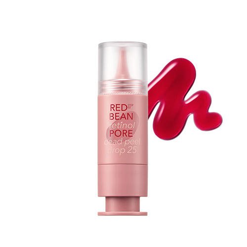 Pink tube of exfoliating retinol pore peel drop with bright red gel smear on white background