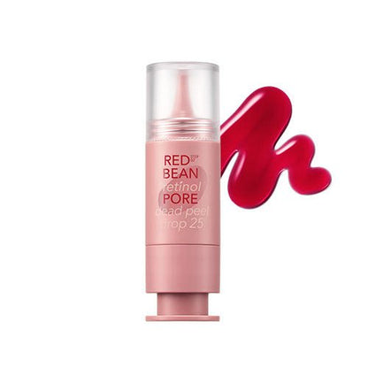 Pink tube of exfoliating retinol pore peel drop with bright red gel smear on white background