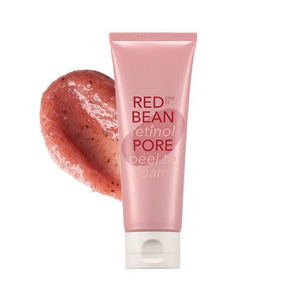 Pink tube of pore peel to foam cleanser next to a textured swatch of exfoliating red bean foam product
