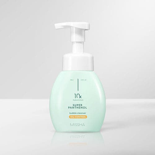Light green pump bottle of gentle bubble cleanser designed for oil control and deep cleansing on white surface