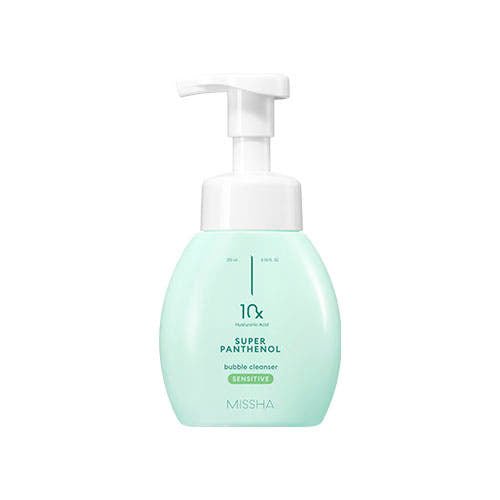 Light blue pump bottle of gentle bubble cleanser designed for sensitive skin with deep cleansing effects