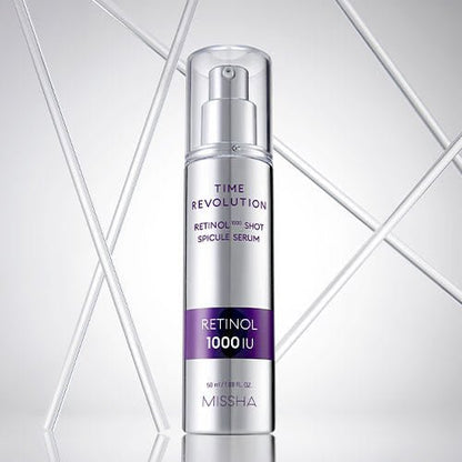 Silver pump bottle of retinol serum with purple label highlighting 1000 IU strength and elasticity boost on light background