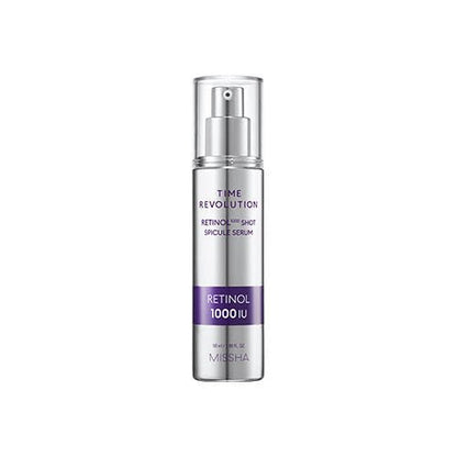 Silver pump bottle of retinol serum with purple label emphasizing 1000 IU and elasticity boosting benefits on white background