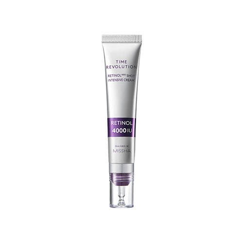 Silver tube of retinol-intensive cream with purple band highlighting 4000 IU for anti-aging treatment on white background