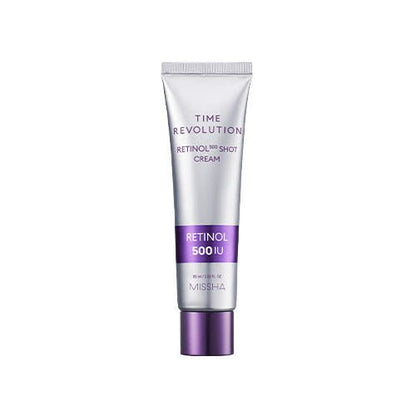 Silver tube of retinol cream with purple cap and label highlighting 500 IU and elasticity benefits on white background