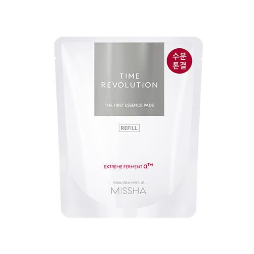 Refill pouch of MISSHA Time Revolution essence pads with moisture recharge and fermented ingredients on white background