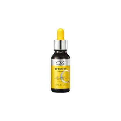 Dark amber glass dropper bottle with yellow label and silver cap featuring brightening vitamin C serum details