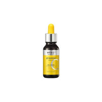 Dark amber glass dropper bottle with bright yellow label highlighting vitamin C brightening ampoule benefits