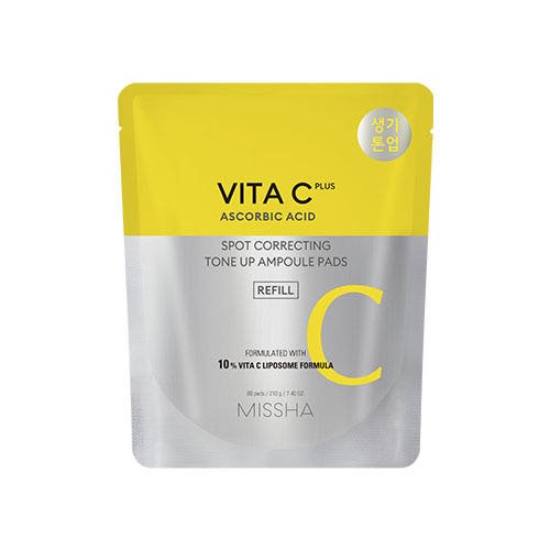 Yellow and silver refill pouch of vitamin C spot correcting tone up ampoule pads with 10% vitamin C formula
