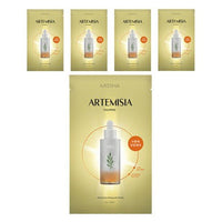 Set of five golden sachets featuring calming artemisia ampoule mask with hydration boost and natural leaf design