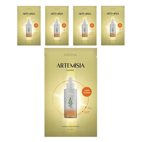 Pack of five calming sheet masks with Artemisia ampoule and hydration benefits in pale gold packaging