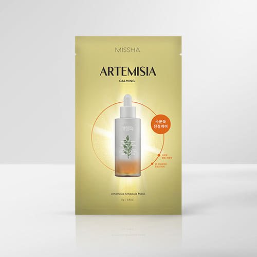 Packaging of MISSHA Artemisia Ampoule Mask with calming and hydration benefits shown on a yellow gradient background