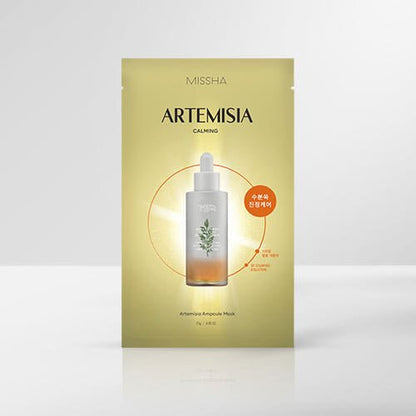 Packaging of MISSHA Artemisia Ampoule Mask with calming and hydration benefits shown on a yellow gradient background