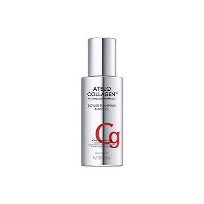 Silver pump bottle of plumping ampoule featuring collagen formula aimed at wrinkle reduction and skin firmness