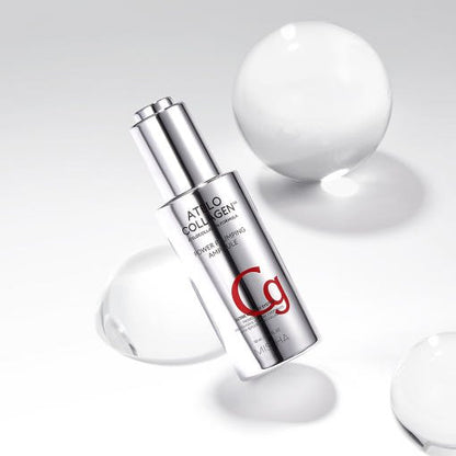 Silver metallic pump bottle of collagen ampoule for wrinkle reduction with clear spherical props on white background