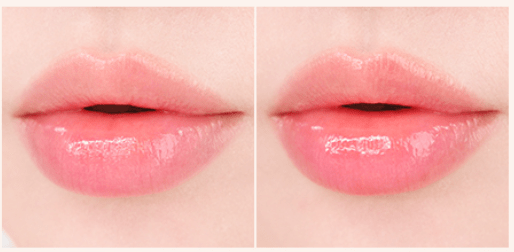 Close-up of lips wearing glossy coral lip balm with a smooth, moisturizing finish in natural lighting