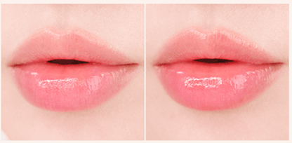 Close-up of lips wearing glossy coral lip balm with a smooth, moisturizing finish in natural lighting