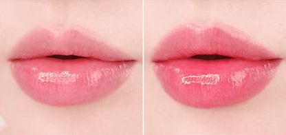 Close-up of lips showing natural pink tint and glossy finish from moisturizing balm application on smooth skin background