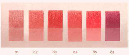 Six smooth application swatches of MISSHA Daretint Melty Velvet lip colors in soft pink to deep berry shades on skin tone background
