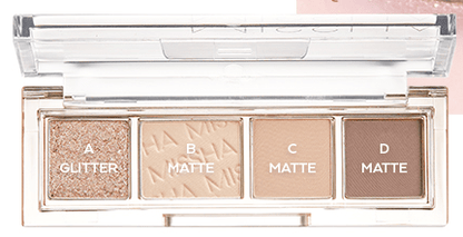 Compact eyeshadow palette featuring four versatile shades including glitter and matte finishes in neutral tones
