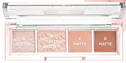 Compact eyeshadow palette with four versatile shades including glitter and matte finishes in neutral tones
