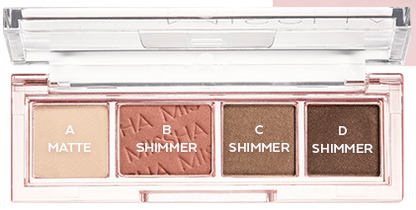 Compact eyeshadow palette with four versatile shades including matte and shimmer finishes in neutral tones