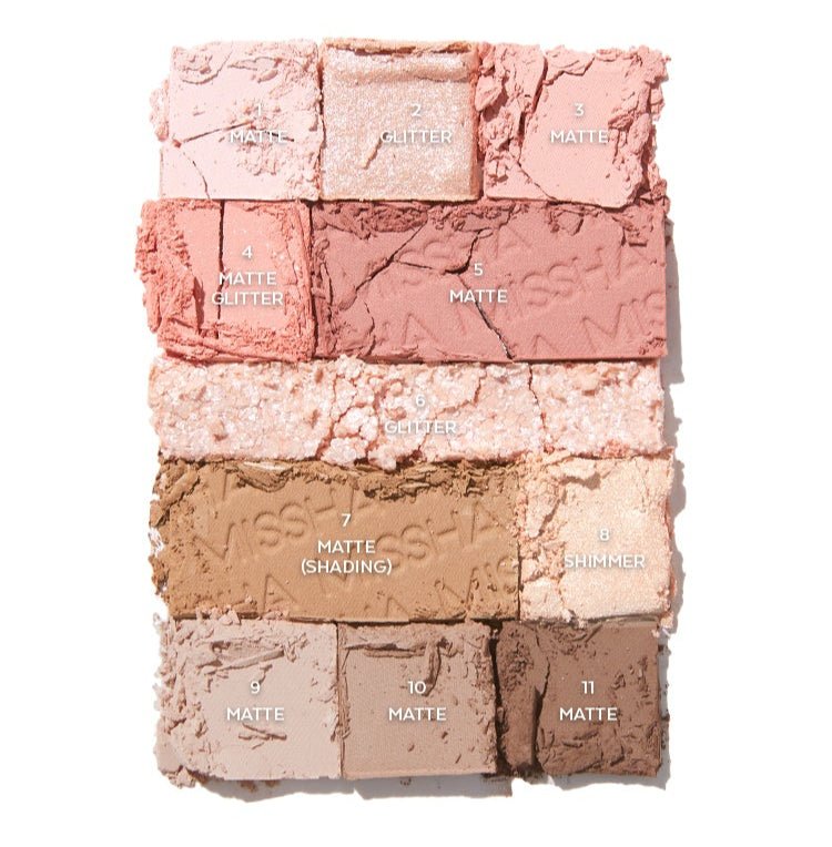 Pressed rosy and neutral matte, shimmer, and glitter eyeshadows in a versatile palette with soft, blended texture details