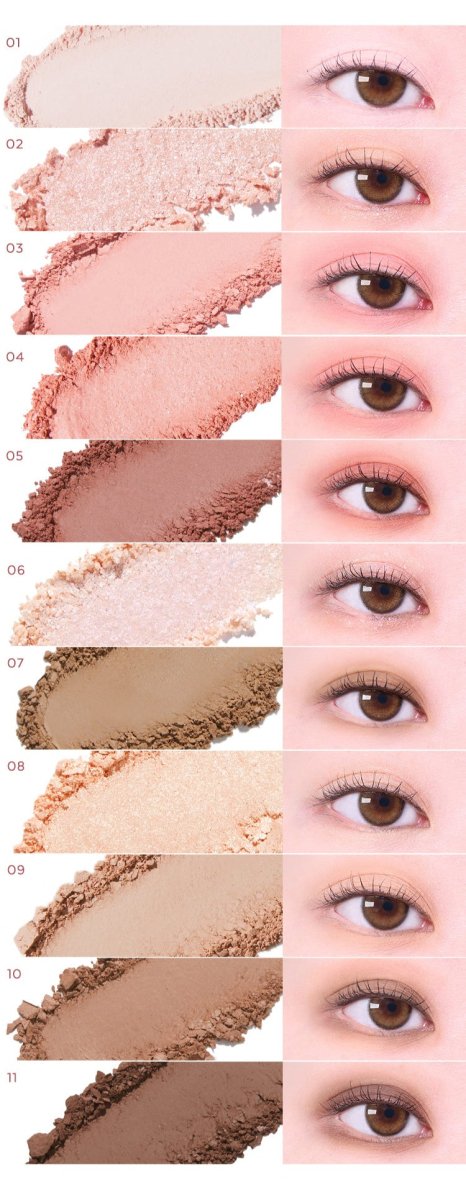 Various tones from the MISSHA Mood Moment Palette shown as crushed powder and applied on eyelids with natural lashes visible