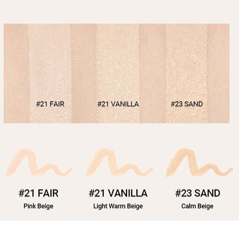 Swatches of three concealer shades in pink beige, light warm beige, and calm beige tones with smooth texture.