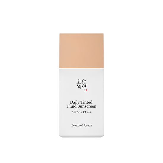 Minimalist tinted fluid sunscreen bottle with beige cap promoting effortless enhancement and high sun protection factor