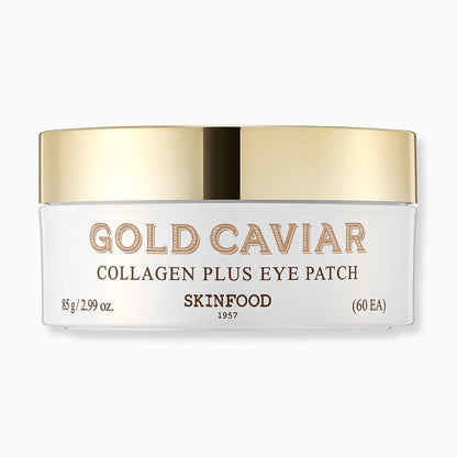 White jar with gold lid of collagen eye patches designed for intensive moisture and skin nourishment