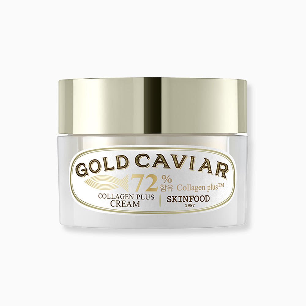 White cream jar with gold reflective lid featuring gold caviar collagen plus label and elasticity-boosting formula