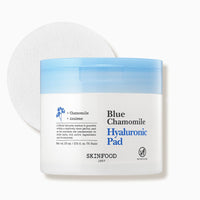 White skincare pads with a white and light blue container labeled for hydration and soothing benefits
