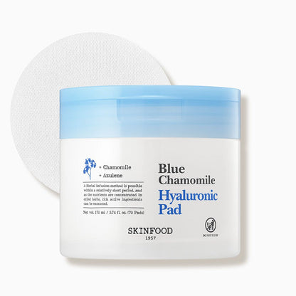White skincare pads with a white and light blue container labeled for hydration and soothing benefits