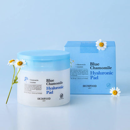 Blue Chamomile Hyaluronic Pad jar and box in pastel blue with chamomile flowers for intense hydration skincare