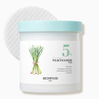 Container of skincare pads labeled with lemongrass illustration and 5 percent niacinamide for balanced hydration benefits