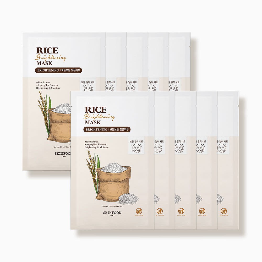 Two sets of beige and white rice brightening mask packets with rice and grain illustrations for moisture delivery