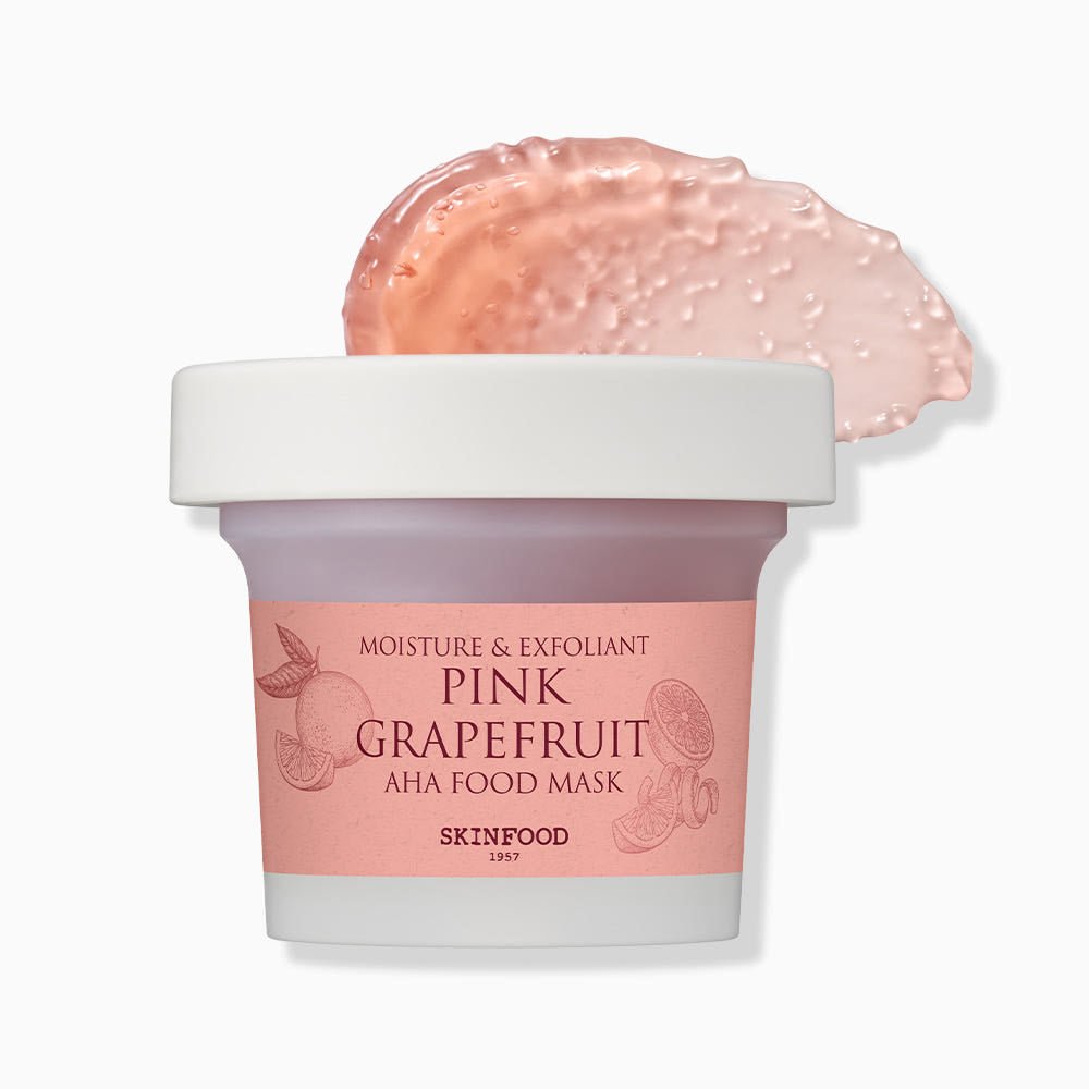 Pink grapefruit exfoliating face mask jar with translucent gel texture sample on white background