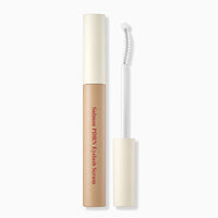 Beige eyelash serum tube with curved white applicator wand designed to strengthen lashes on white background