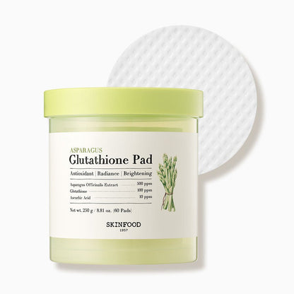 Container of brightening skincare pads with light green lid and label featuring asparagus illustration on white background
