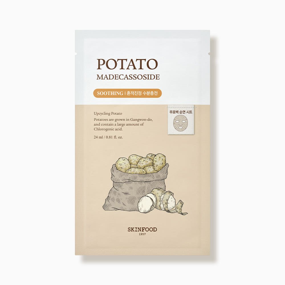 Beige and white mask sheet packet featuring illustrated potatoes and soothing skincare details on front label