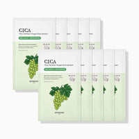 Set of ten sheet masks featuring green muscat grape illustration and soothing skincare formula packaging